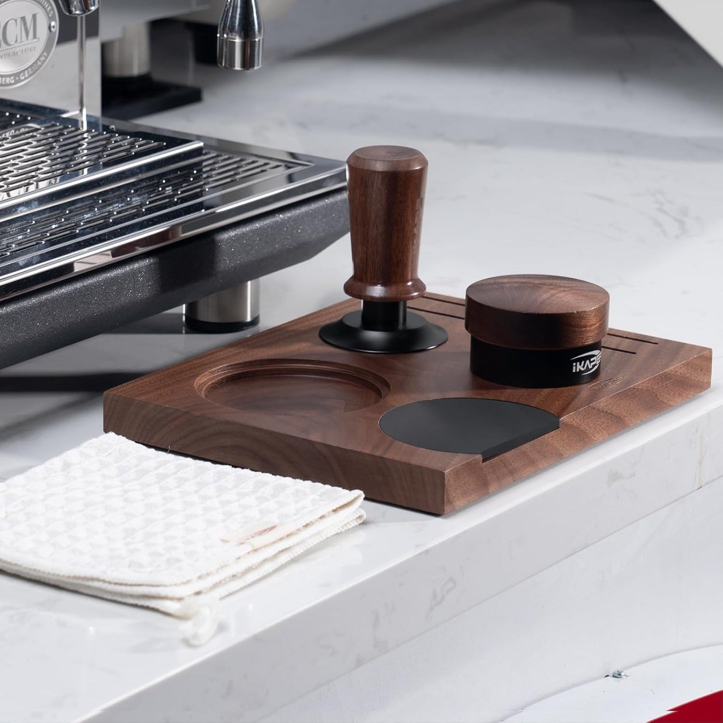 IKAPE 58MM Coffee Tamper Set 5 IN 1, Walnut Wood Espresso Tamper, Espresso Distributor, Tamper Base, Puck Screen, Cleaning Towel Set, Perfect for Everyday Use, Stylish, Functional Coffee Accessories