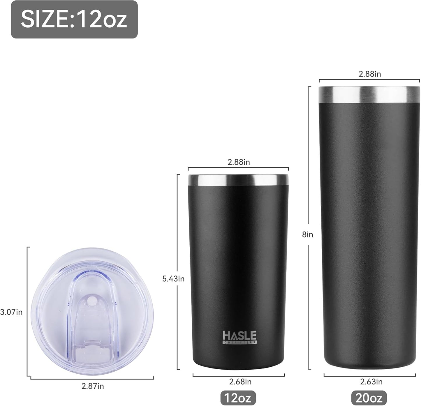 HASLE OUTFITTERS 12 oz Skinny Tumbler, Stainless Steel Insulated Slim Tumbler set bulk with Lid, Reusable Double Wall Travel Coffee Mug, Durable Powder Coated Travel Water Cup(Black,6)