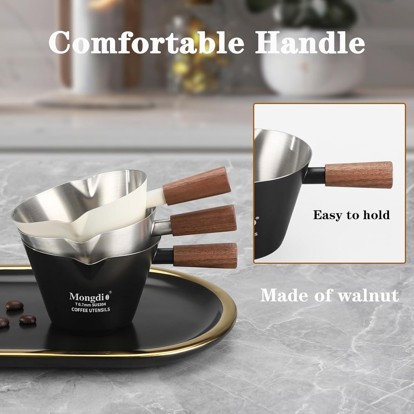 Mongdio 2 Pcs Espresso Measuring Cup, Stainless Steel Espresso Shot Cups with Wooden Handle and Double Spouts, 6.8OZ/200ML, White