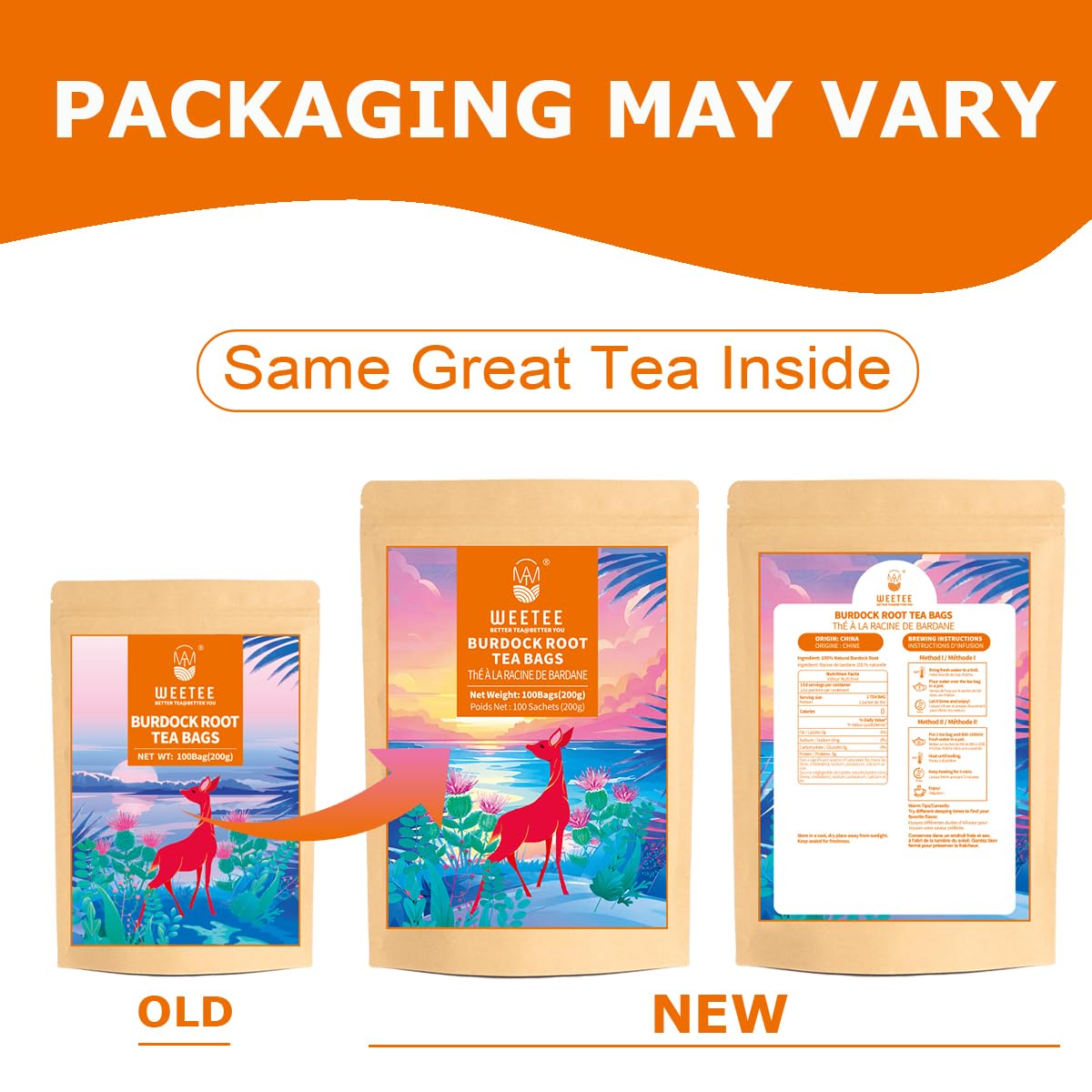 WT WEETEE Burdock Root Tea Bags, Made with 100% Pure Burdock Root, Rich in Antioxidants, Naturally Caffeine-free Herbal Tea, 100 Count