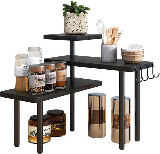 IBUYKE Countertop Organizer,3-Tier Spice Racks,Kitchen Counter Corner Shelf,4 Side Hooks,Adjustable Countertop Shelf for Kitchen, Bathroom, Coffee Bar, Cabinet, Desk,Black,TLJ023B