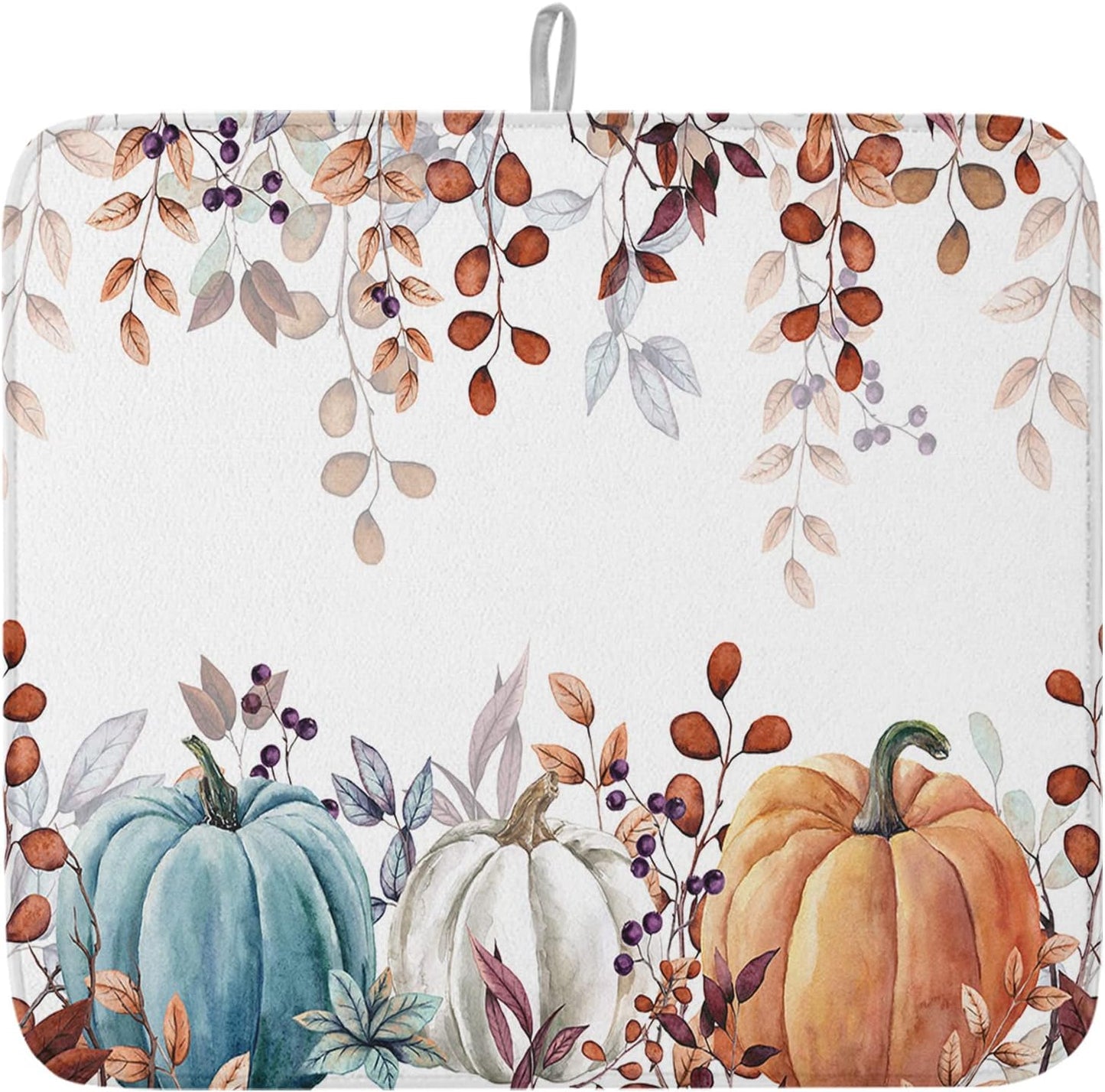 Fall Dish Drying Mat for Kitchen Counter Pumpkin Drying Pad Absorbent Drying Mats for Countertops Sinks Draining Racks Autumn Eucalyptus Leaves Drainer Holiday Harvest Thanksgiving Decorations 16x18