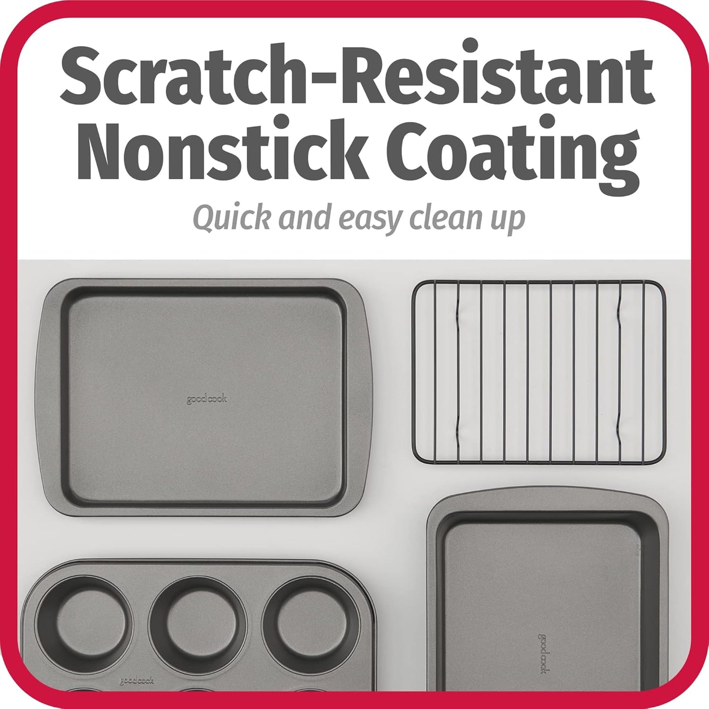 GoodCook 4-Piece Nonstick Steel Toaster Oven Set with Sheet Pan, Rack, Cake Pan, and Muffin Pan, Gray, 4-Piece Set Distributes Heat Evenly, Nonstick Coating, Dishwasher-Safe