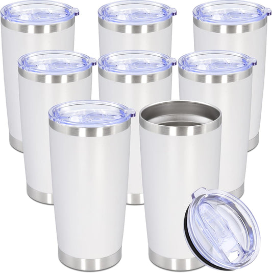 20oz Tumbler Bulk Stainless Steel Tumbler Cup with Lid Vacuum Insulated Double Wall Travel Mug, Durable Powder Coated Travel Coffee Tumbler Mug for Hot & Cold Drinks, White,8 Pack