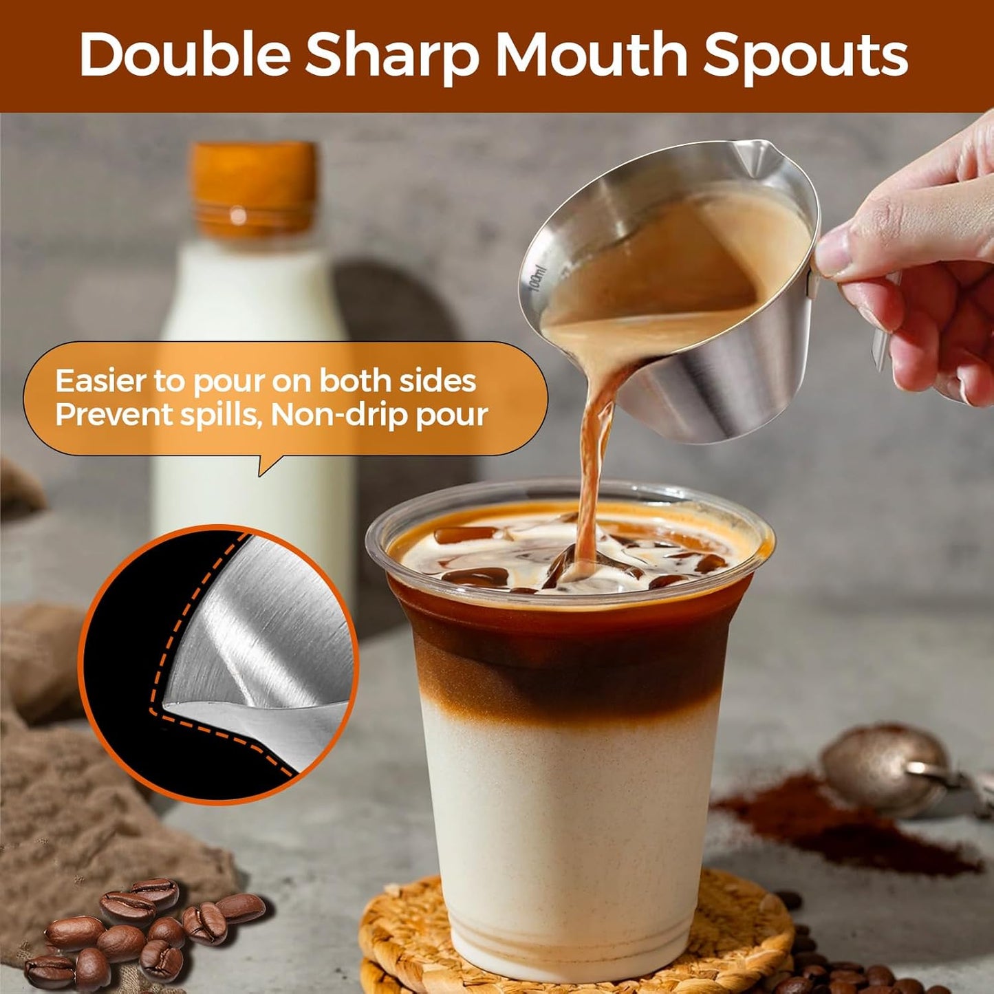 2 Pcs Espresso Cups with Handle, Stainless Steel Espresso Accessories, Double Spout Metal Measuring Cup with Dual Scale, Espresso Shot Cup with V-Shaped Mouth, 3.4OZ/100ML(Silver)