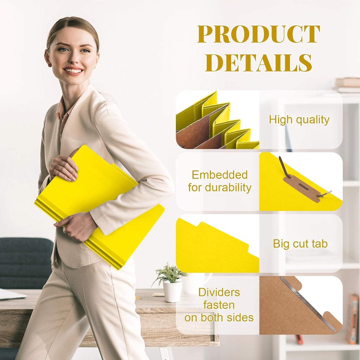 12 Pcs Classification Folders Letter Size, Back to School Supply for Teacher, Student, 3 Dividers Pressboard File Folder Bulk with 2 Fasteners, 3.5 Inch Expanding File Organizer (Yellow)