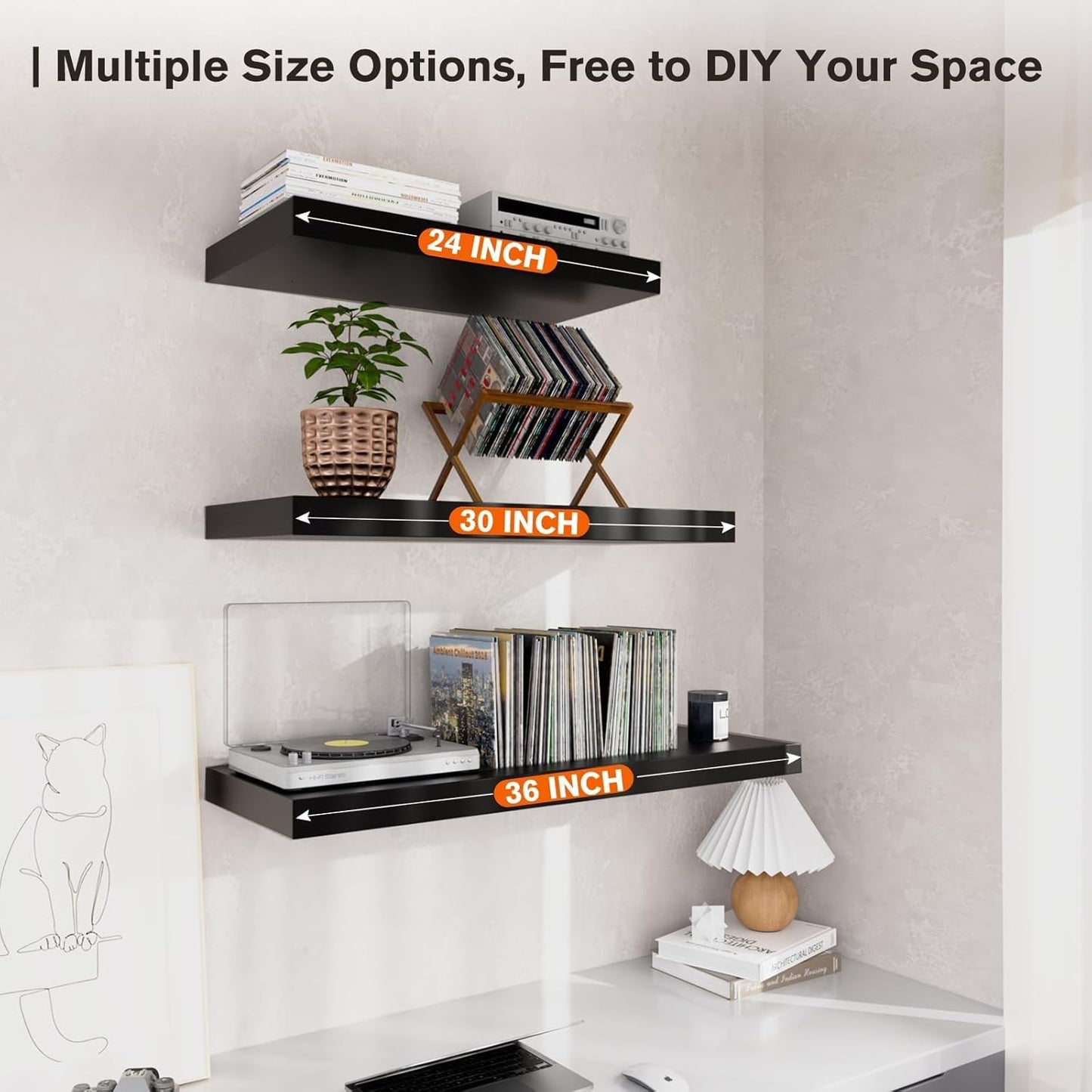 Floating Shelf, Set of 3 Wall Shelf, 24 in W x 12.75 in D x 2 in H Wooden Floating Wall Shelf with Invisible Brackets for Living Room/Bedroom/Bathroom/Kitchen Storage and Decor, Black