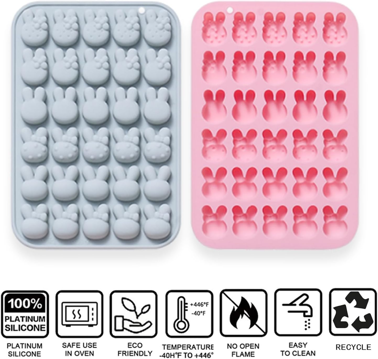 2 Pcs Easter Bunny Silicone Molds, 6 Shaped Rabbit 30 Cavities Candy Mould Wax Melt Tray for Baking Rabbit Chocolate Jello Resin Gummies Cupcake Decor