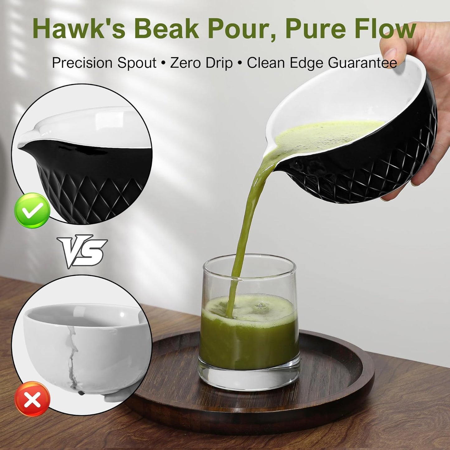 Matcha Whisk Set, 7 Pcs Matcha Kit, Ceramic Matcha Set Includes Matcha Bowl with Spout, Matcha Whisk and Holder, Bamboo Scoop, Scoop Rest, Sifter and Tea Towel (Onyx Black)