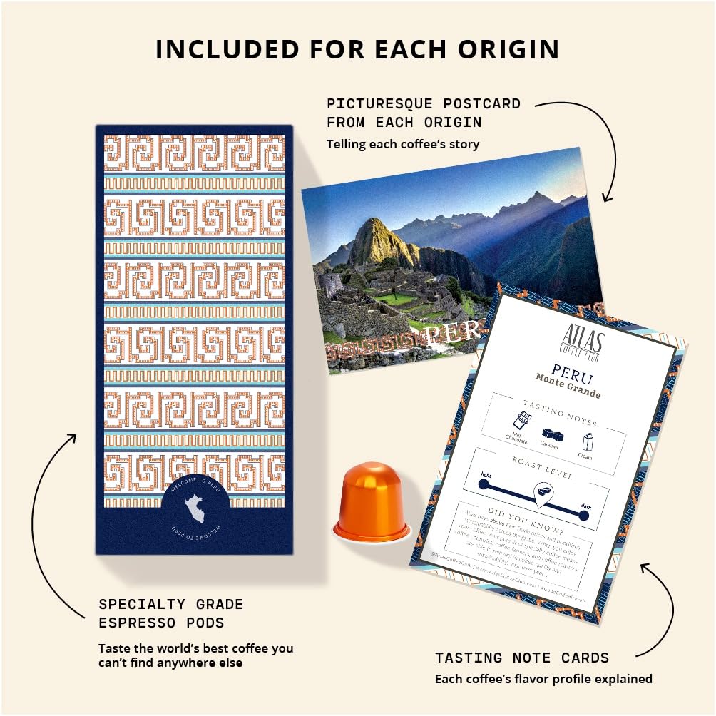 Atlas Coffee Club Espresso Pods Compatible with Nespresso Original– Medium Roast Variety Pack (80 Count)– Aluminum Capsules from Kenya, El Salvador, India & Uganda– Intensity 7–9