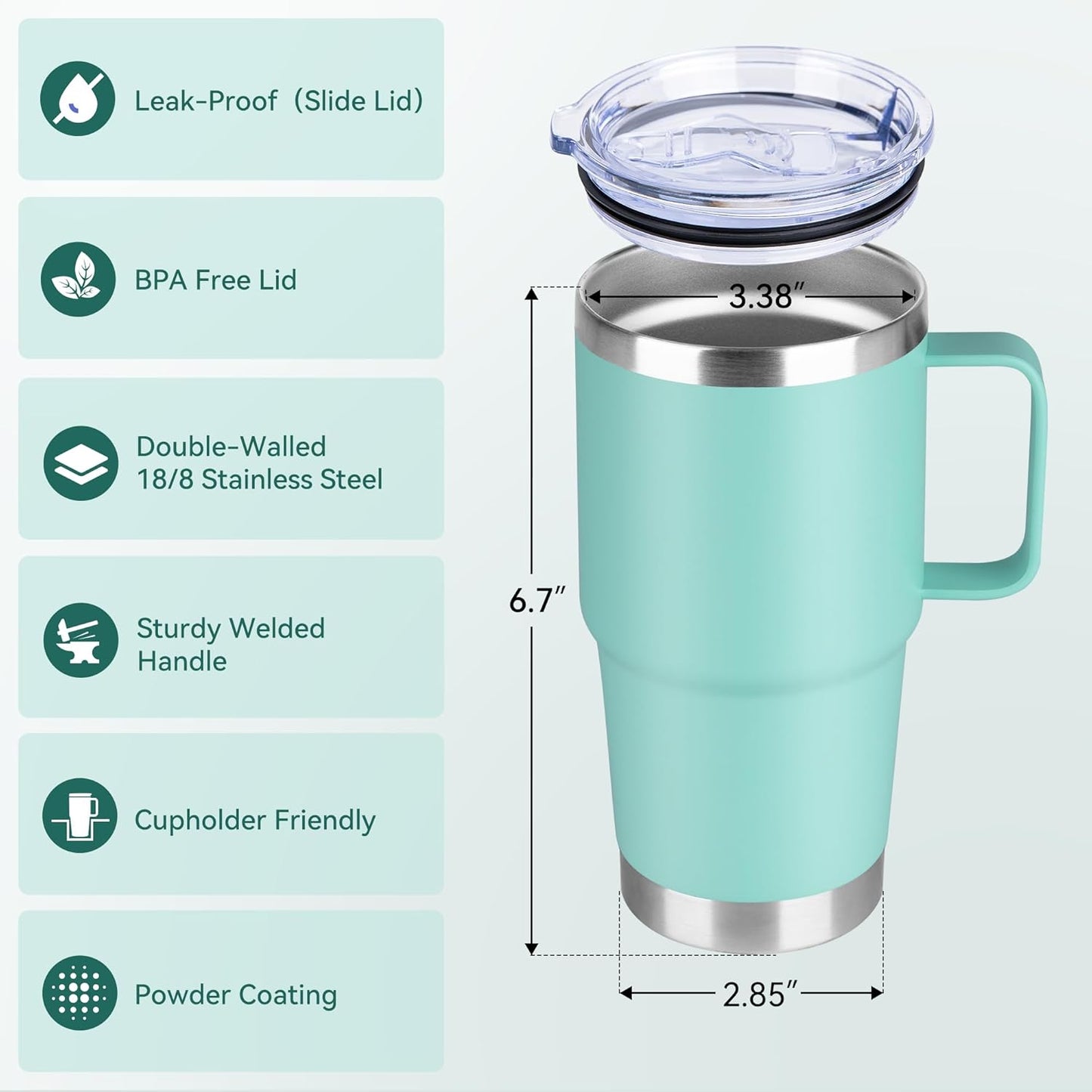 HASLE OUTFITTERS 20oz Tumbler Bulk with Lid, Stainless Steel Tumbler Bulk with Handle, Metal Insulated Travel Coffee Mug Set with Handle, Double Wall Vacuum Leak Proof Tumbler Cup, Mint Green 6 Pack