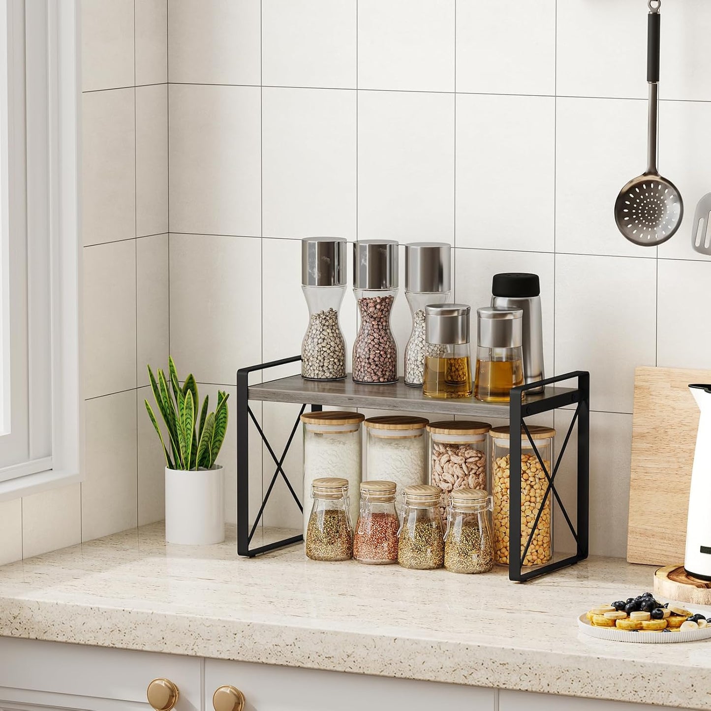 Giikin Kitchen Countertop Organizer, Wood Desk Shelf Riser, Gray Spice Rack for Kitchen Counter, Countertop, Cabinet (15.7 Inches, Gray)