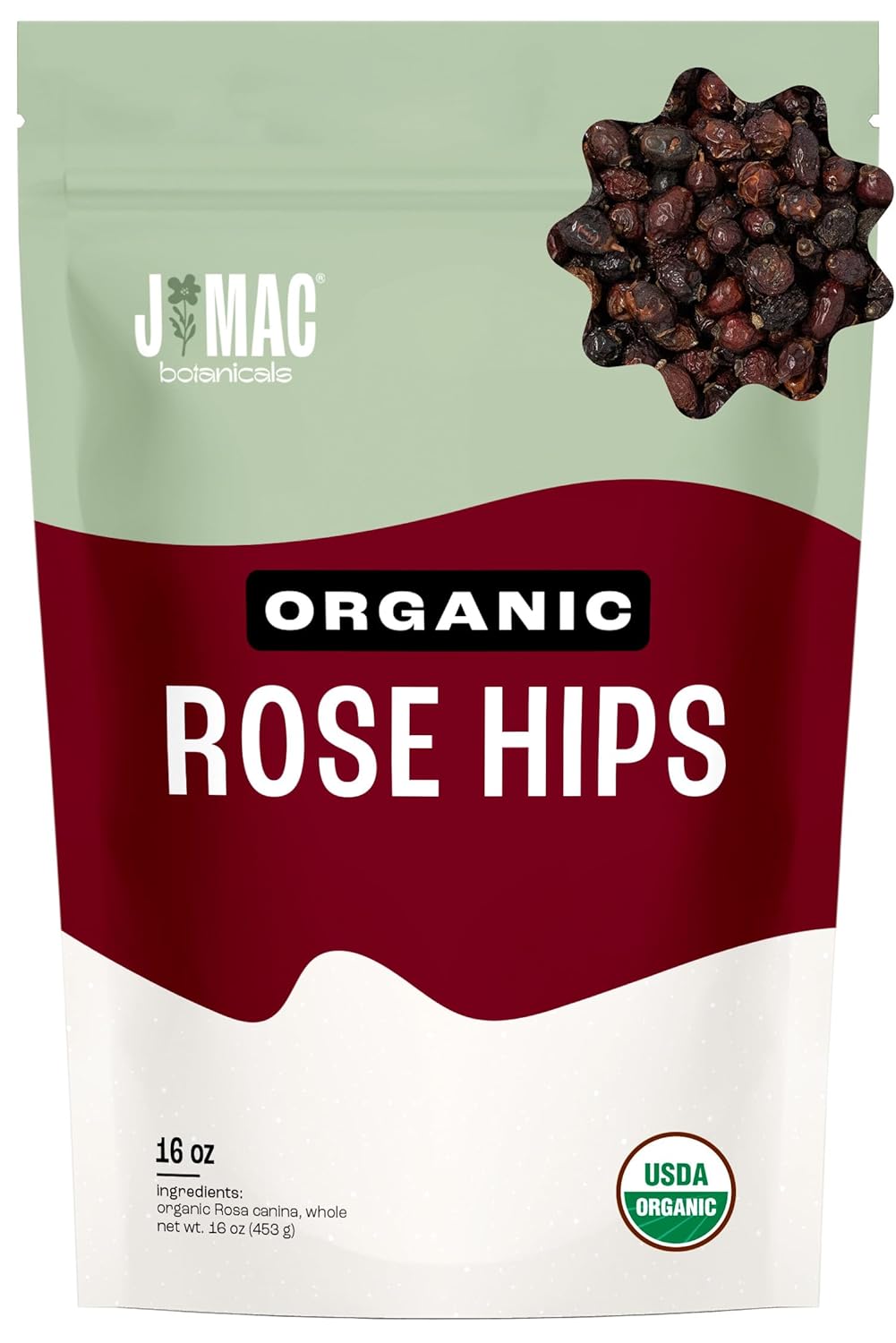 J MAC BOTANICALS Organic Rose Hips (1 Lb Bag) Whole, natural organic dried rose hips for herbal tea, rosehips dried organic, rosehip tea, packaged in the USA