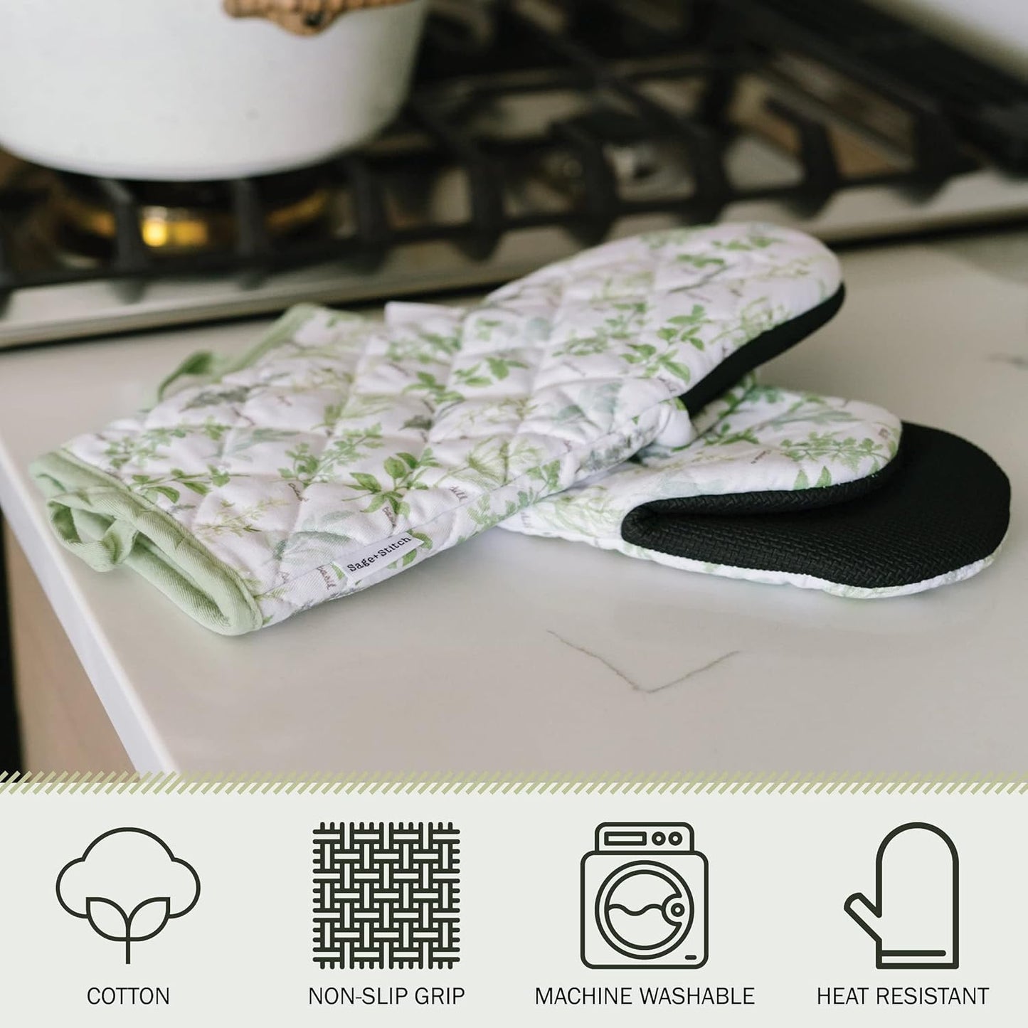 Heat Resistant Designer Kitchen Oven Mitts with Neoprene Non-Slip Grips and Hanging Loops | Set of 2 100% Cotton Long Sleeve Kitchen Oven Mitts | 5.5" x 12" | Green Herbs