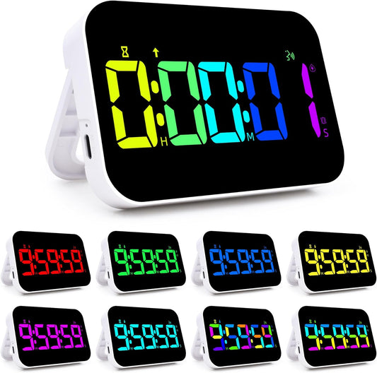 Kitchen Timer（1.5" Number）with Voice Reminder,10 RGB Color Changing Digital Magnetic Timer, Countdown/Up, Rechargeabilit, Brightness Display, 3 Volume Levels and Vibration Mode, for Classroom, Cooking