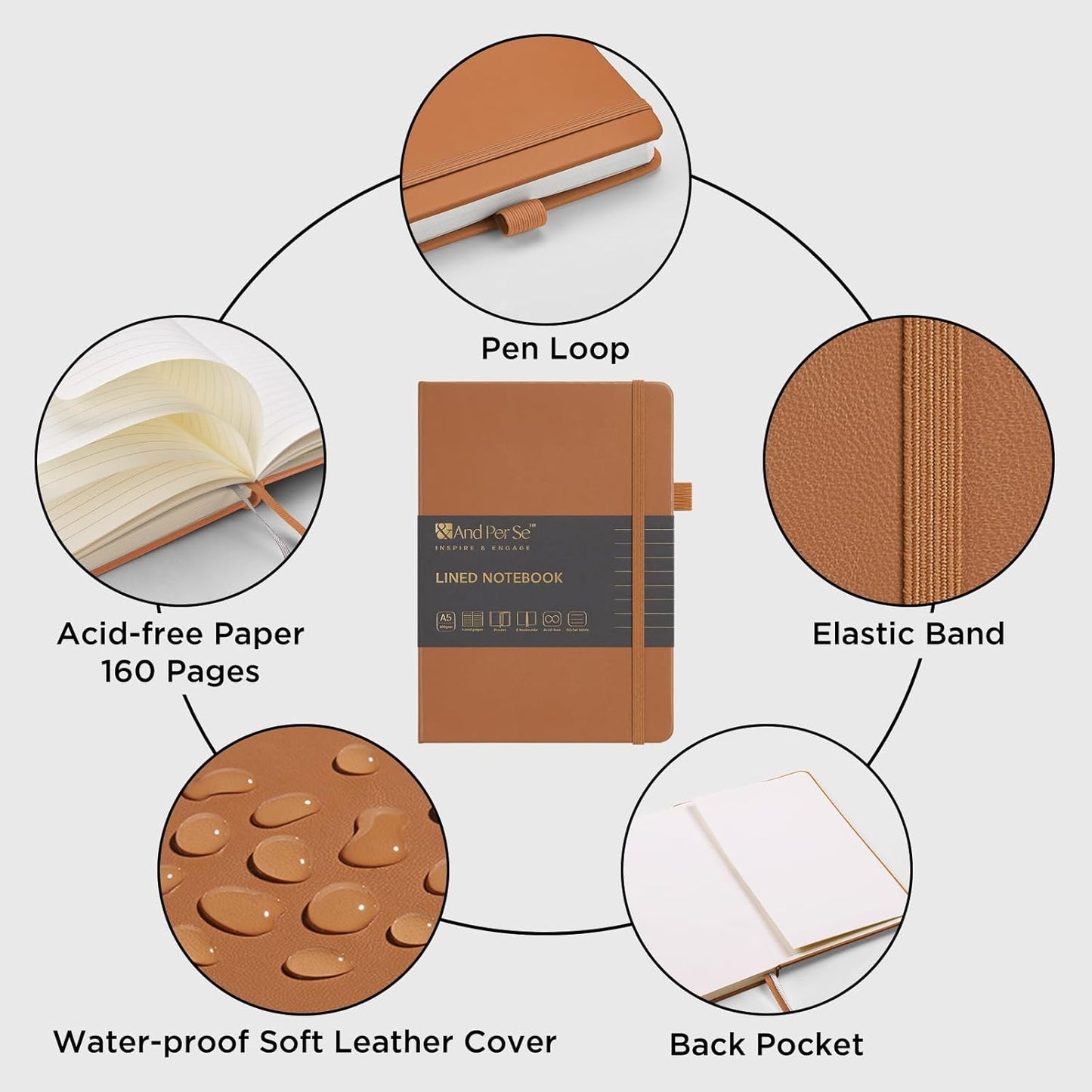 &And Per Se Lined Journal Notebook, 160 Pages, A5 5.7 x 8 inches College Ruled Thick Paper Notebook Journals for Writing, Hardcover Notebooks for Women Men Office School (1 Pack, Light Brown)