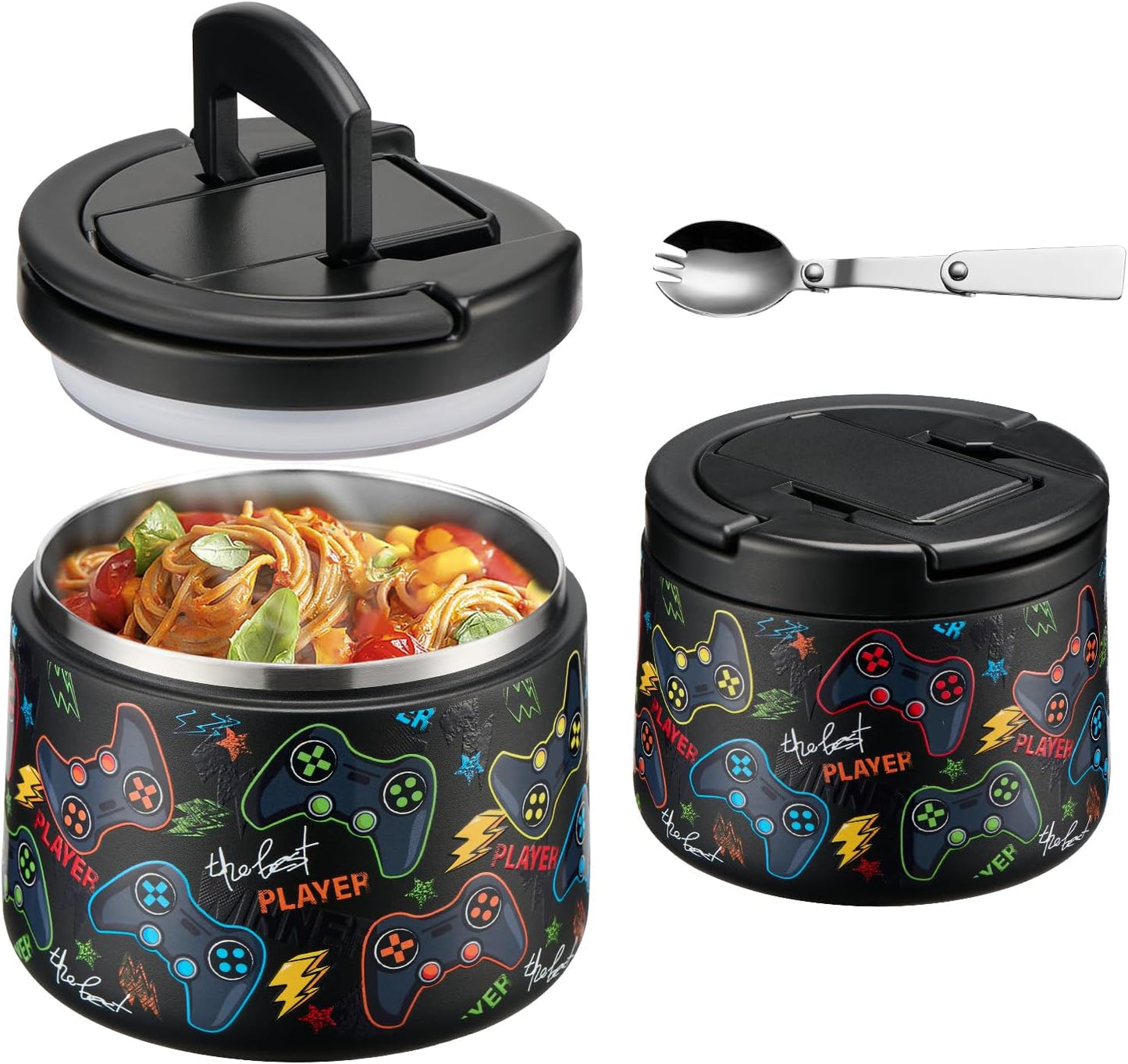 14oz Insulated Vacuum Food Jar with Buckle Lid,Soup Thermo for Hot Food Kids,Wide Mouth Leakproof Stainless Steel Lunch Container with Spoon-Black Game