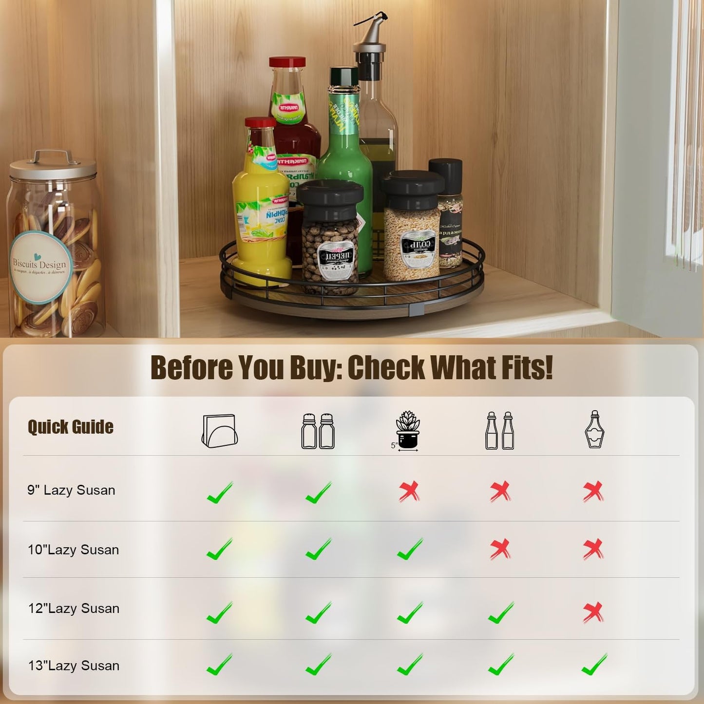 Lazy Susan Turntable Organizer for Table Top, 9’’ Round Wooden Lazy Susan for Cabinet Kitchen Countertop Pantry Dining Coffee Table for Condiments Spices, Rustic Bathroom Vanity Tray for Soap Candle