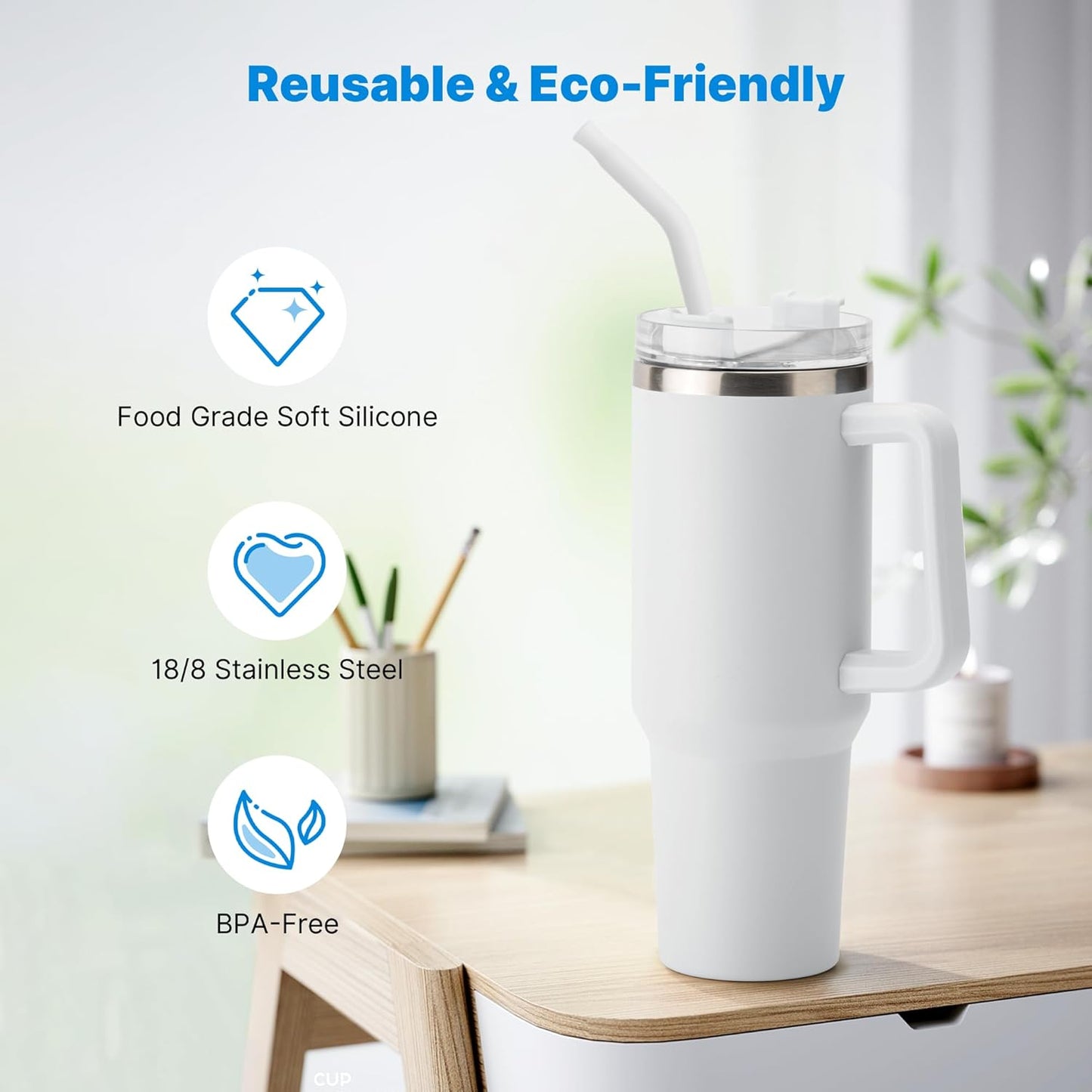 Repeatable Metal Straw with Silicone Tips for 30 oz Stanley Tumbler, 2 Pcs 30 oz Stainless Steel Straws Replacement for Stanley Tumbler, 1 Straw Brush, BPA Free（White）