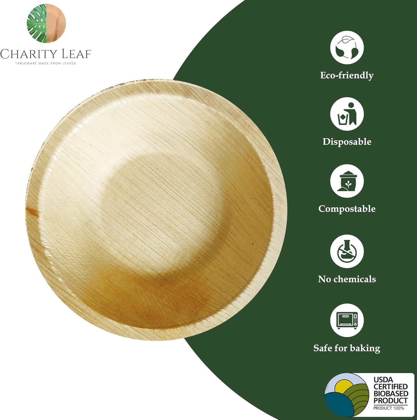 Charity Leaf Disposable Palm Leaf 4" Round Bowl (50 pcs) Dipping Bowls | Bamboo Like| All Natural and Biodegradable | Charcuterie Boards, BBQs, and Parties