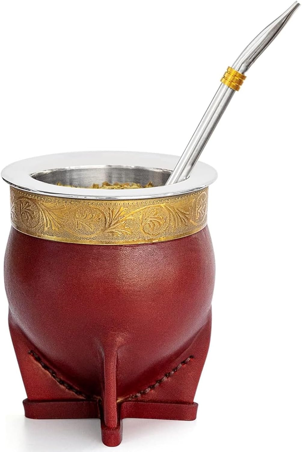 304 Stainless Steel Argentina Yerba Mate Cup With Straw Tea Gourd Mug One Bombilla Mate (Straw) a Cleaning Brush (Brown)