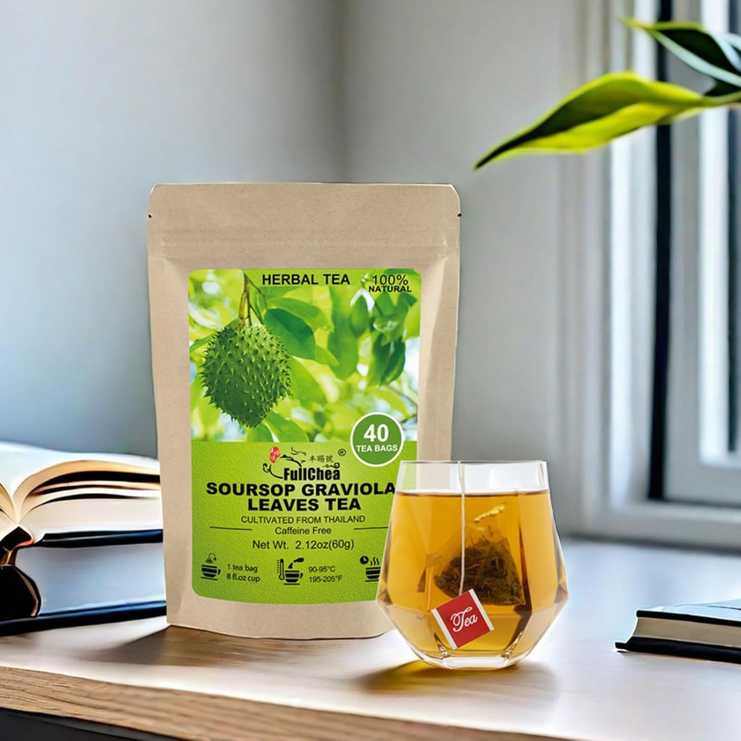 FullChea - Soursop Leaves Tea Bags, 40 Teabags - Premium Soursop Graviola Leaves - Hojas De Guanabana Tea - Non-GMO - Caffeine-free - Improve Digestion, Support Healthy Skin & Sleep