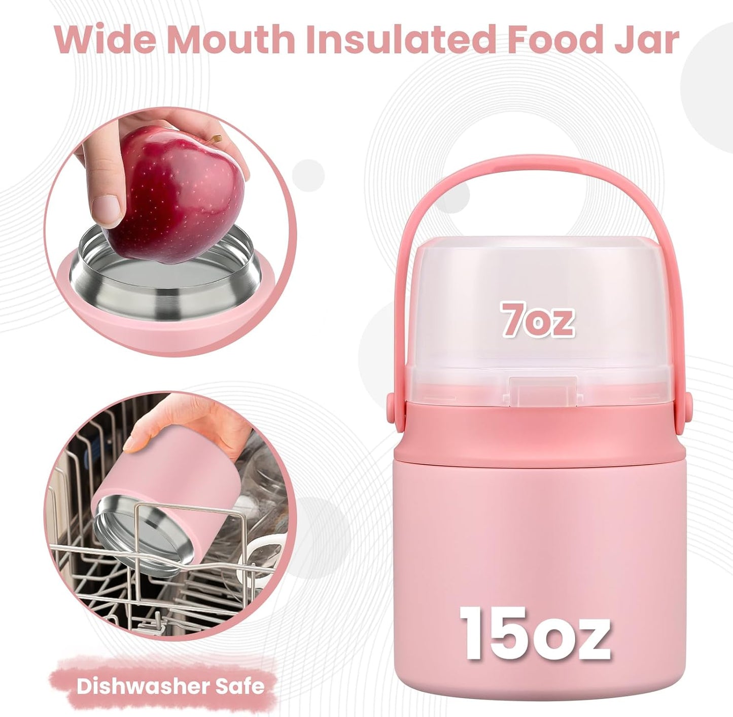 2-in-1 Insulated Food Jar & Snack Container - 15oz Kids Soup Thermos for Hot Food with Handle and Spoon, Leak Proof Reusable Toddler Snack Box, Perfect for School & Travel, Pink