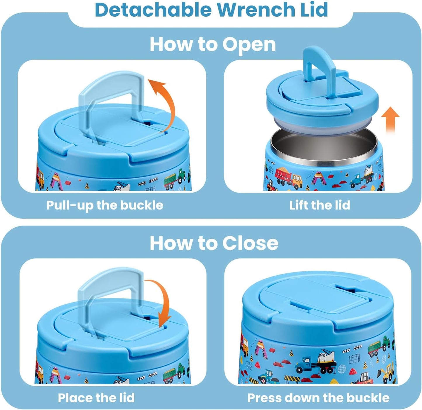 Soup Thermo for Hot Food Kids 14oz Lunch Containers with Buckle Lid Wide Mouth Hot Food Jar Vacuum Insulated Stainless Steel Bento Box Leakproof with Spoon (Truck)