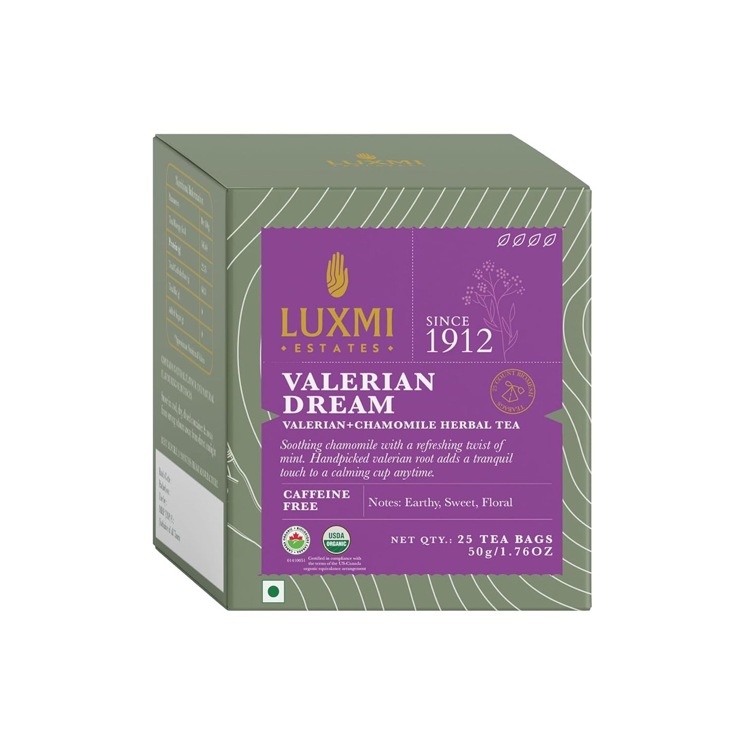 Luxmi Estates Valerian Dream Organic Valerian Root Tea (25 Tea Bags) Caffeine Free Tea Bags For Sleep, Relaxing, Calming, and Stress Relief, With Certified Organic Valerian Root Tea