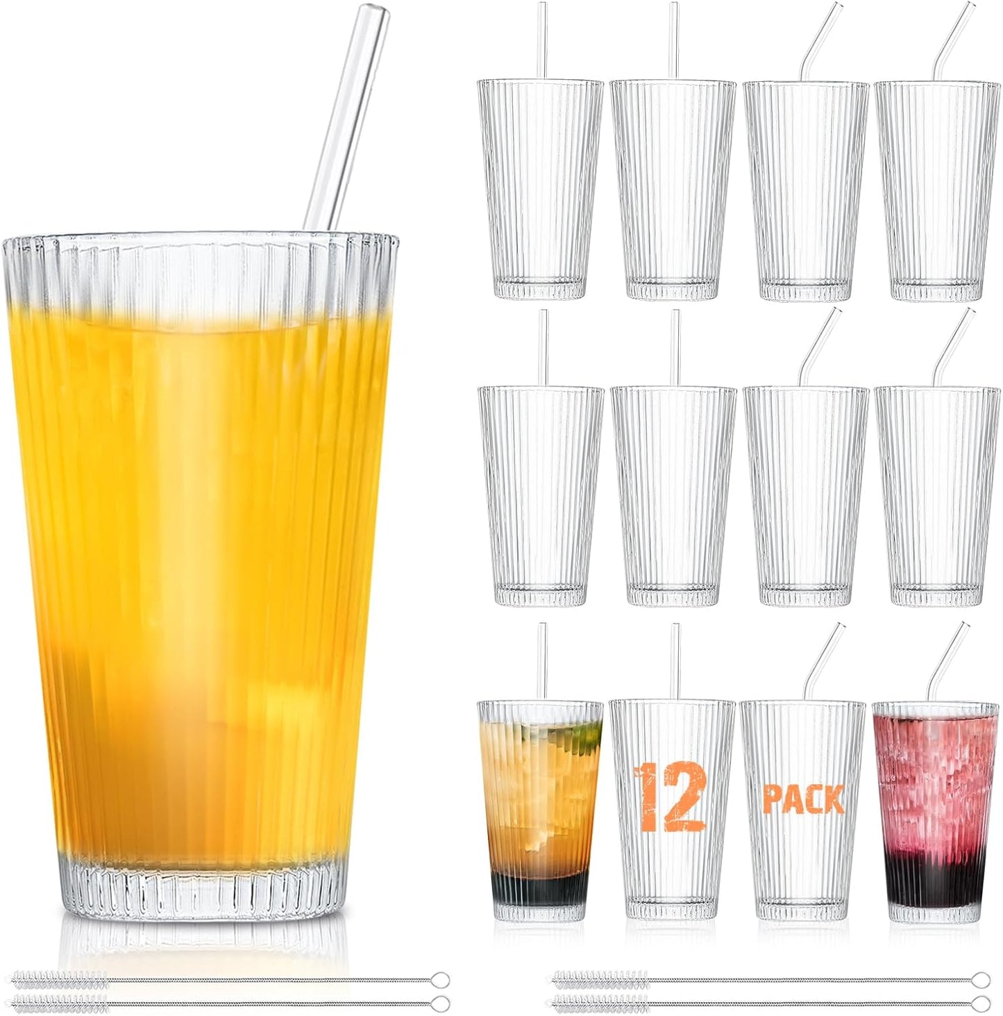 KEMORELA 12-Piece Vintage Ribbed Glassware Set, Old Fashioned Glasses, 16oz Clear Drinking Glasses with Straws, Ideal for Party and Casual Drinking - Classic Design for Any Occasion