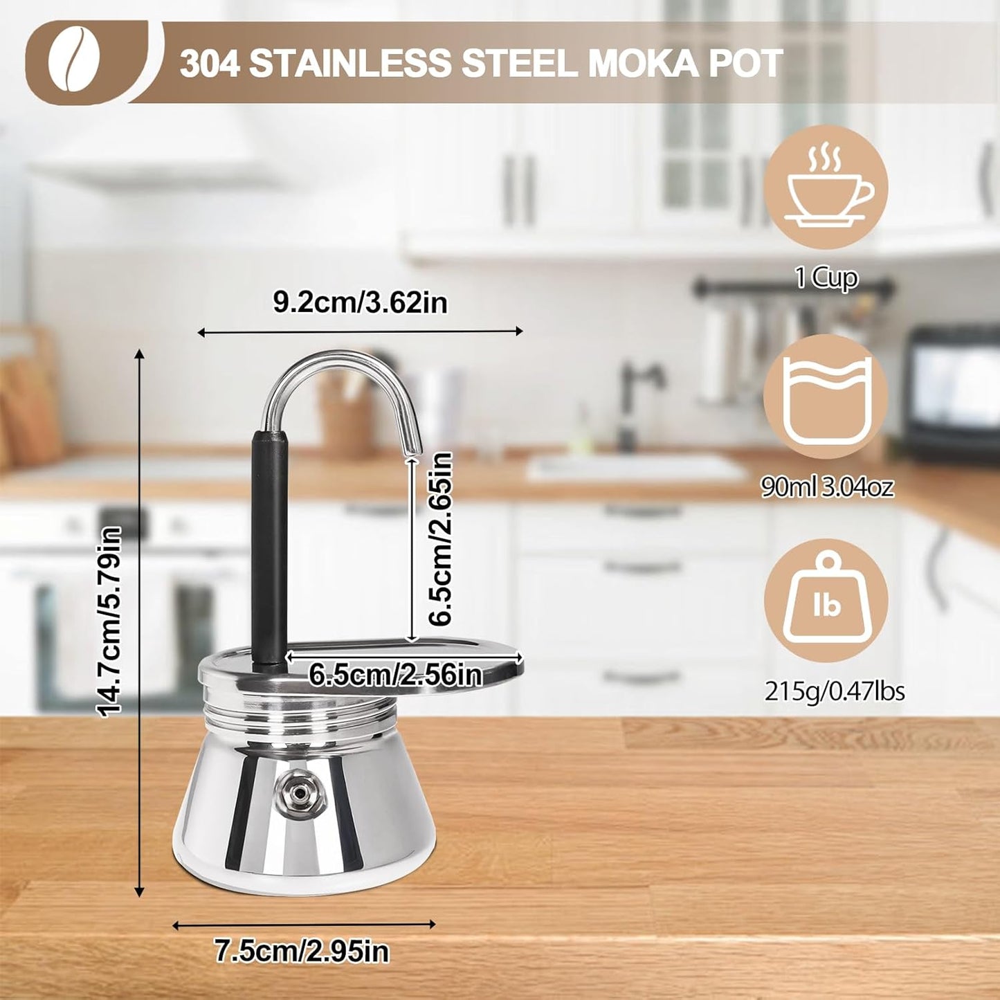 Uncoated 1 Cup Single Tube Moka Pot 304 Thickened Stainless Steel Mini Coffee Maker Stovetop Espresso Coffeemaker Italian Classic Style Brewing Greca Cafe Mocha Machine for Camping Travel Home 90ml