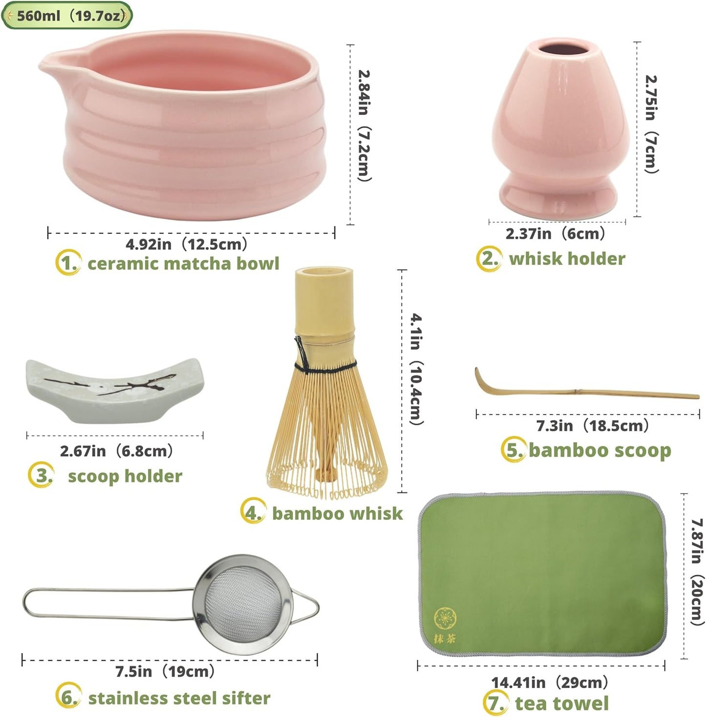 Matcha whisk Set,7 Pcs Matcha Making Kit with whisk Whisk, Ceramic Bowl, Sifter, Scoop, Holder, Stand, and Tea Towel for Ultimate Matcha Experience(Pink)