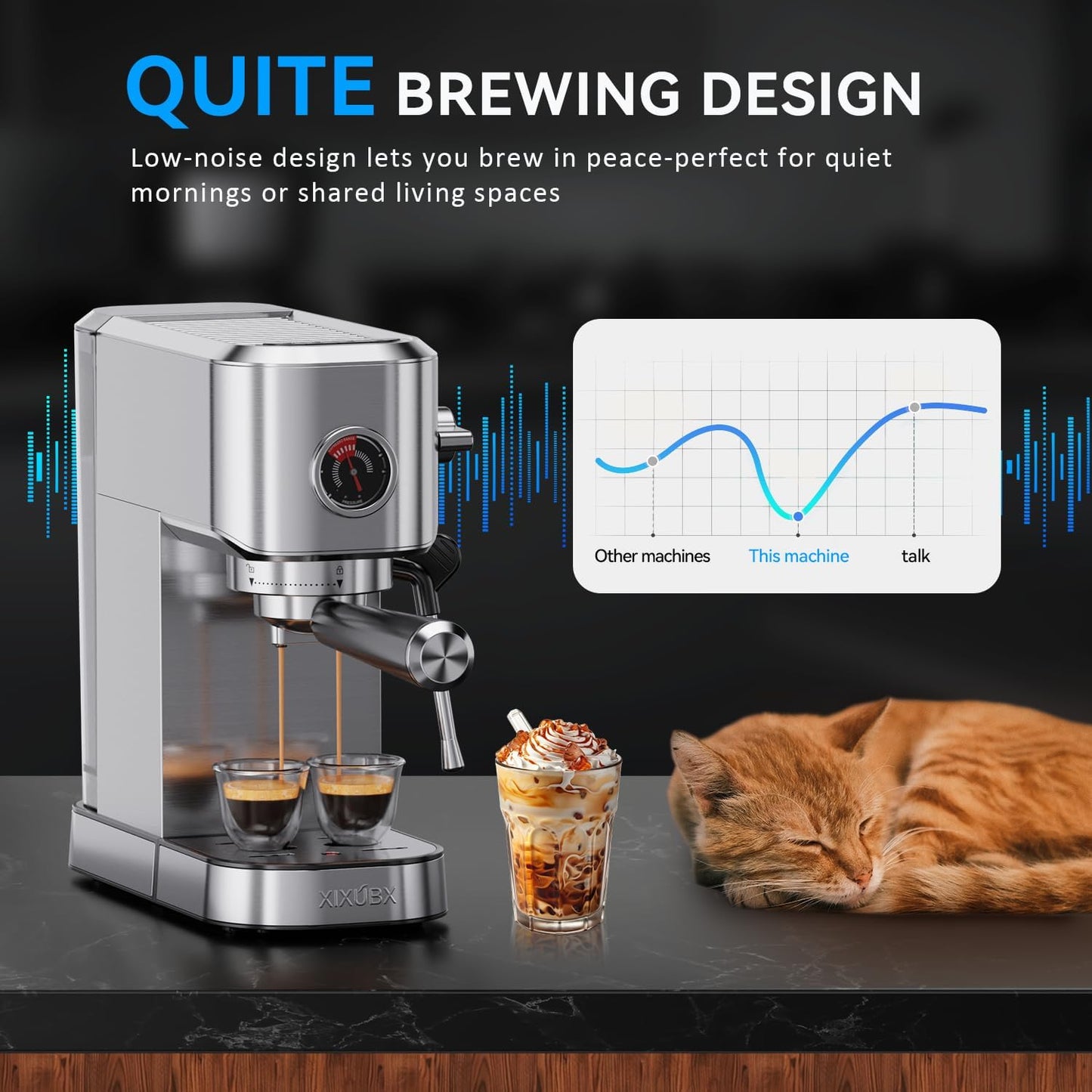 20Bar Espresso Machine, Compact Espresso Maker with Milk Frother, Stainless Steel Coffee Machine for Cappuccino&Latte, 42oz Water Tank, Visible Pressure Gauge, Home&Office, Silver