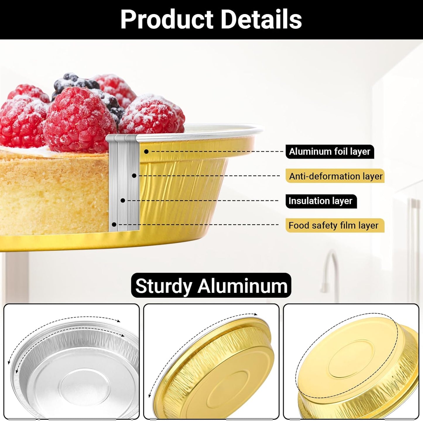 EUSOAR Gold Cupcake Liners, 25pcs 10oz/275ml Creme Brulee Cups Cupcake Liners Holiday, Round Aluminum Muffin Pans with Lids Flan Bread Pie Tart Brownie Holders for Bakery Wedding Birthday Party