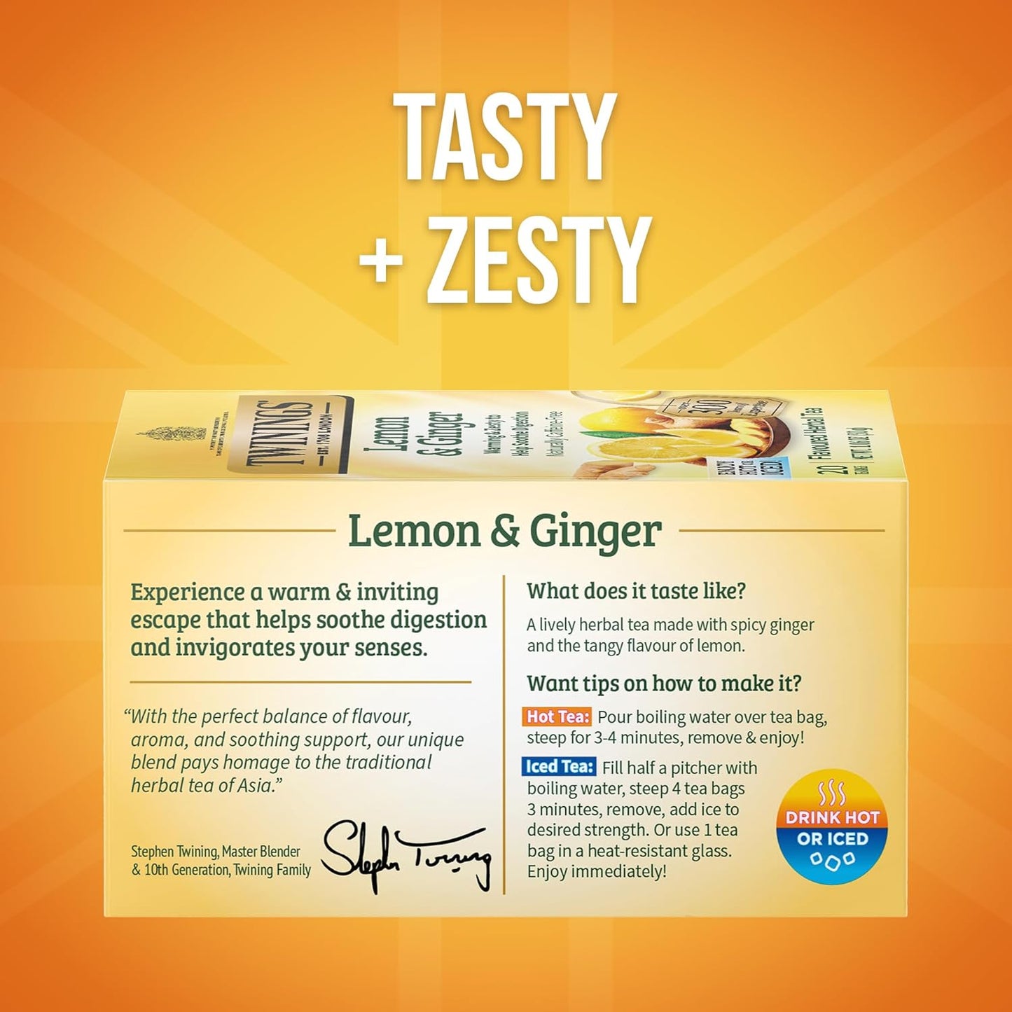 Twinings Lemon & Ginger Herbal Tea Individually Wrapped Bags, 20 Count (Pack of 6), Tangy Lemon, Spicy Ginger, Naturally Caffeine-Free, Enjoy Hot or Iced, 120 Teabags