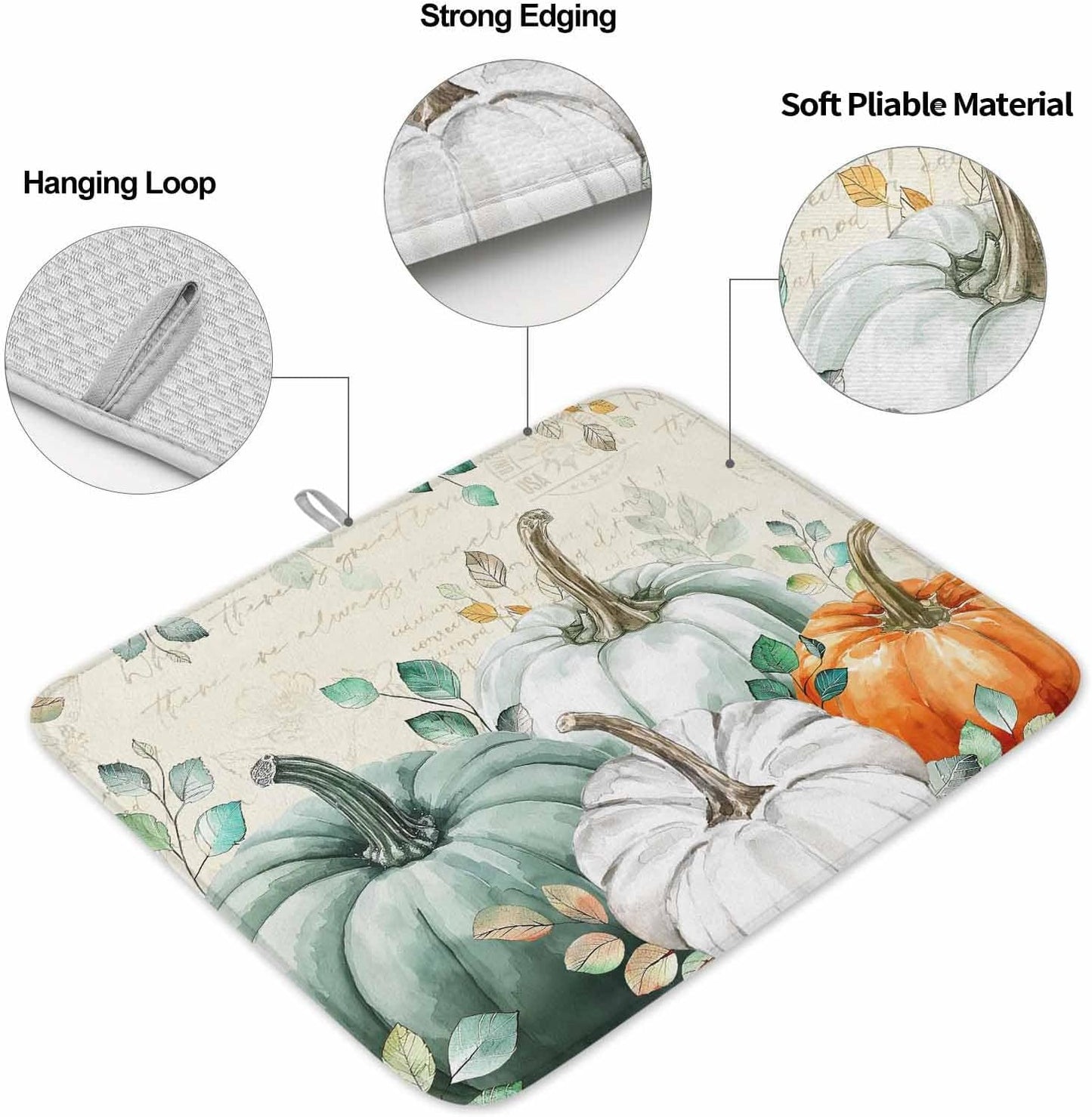 Fall Dish Drying Mat for Kitchen Counter Green Pumpkin Drying Pad Absorbent Drying Mats for Countertops Sinks Draining Racks Eucalyptus Leaves Drainer Holiday Harvest Thanksgiving Decorations 18x24