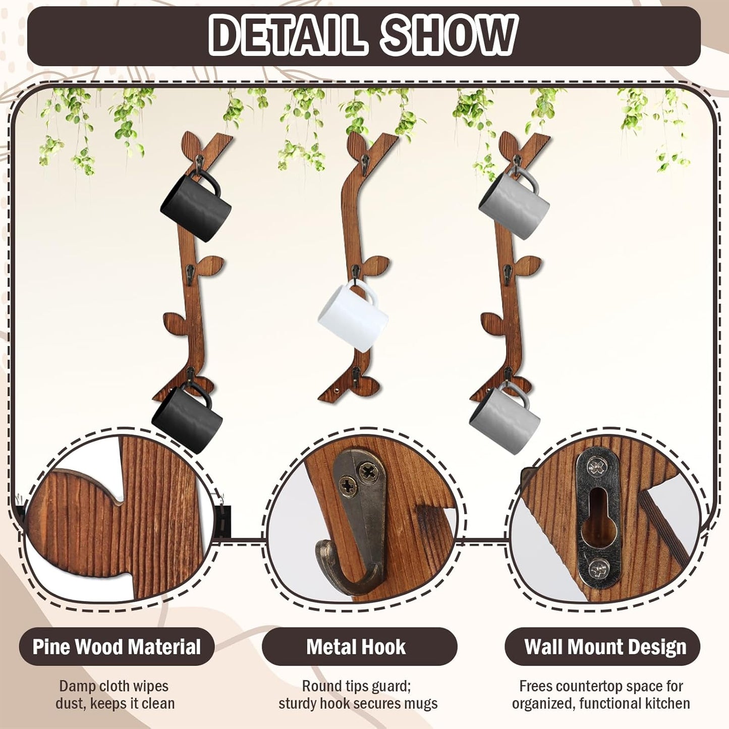 3 Pack Wood Coffee Mug Wall Rack with 9 Hooks Wall Mount Coffee Cup Holder Wooden Espresso Cup Holder Tree Brown Mug Stand Display Wall Mounted Cup Drying Rack for Kitchen Cafe