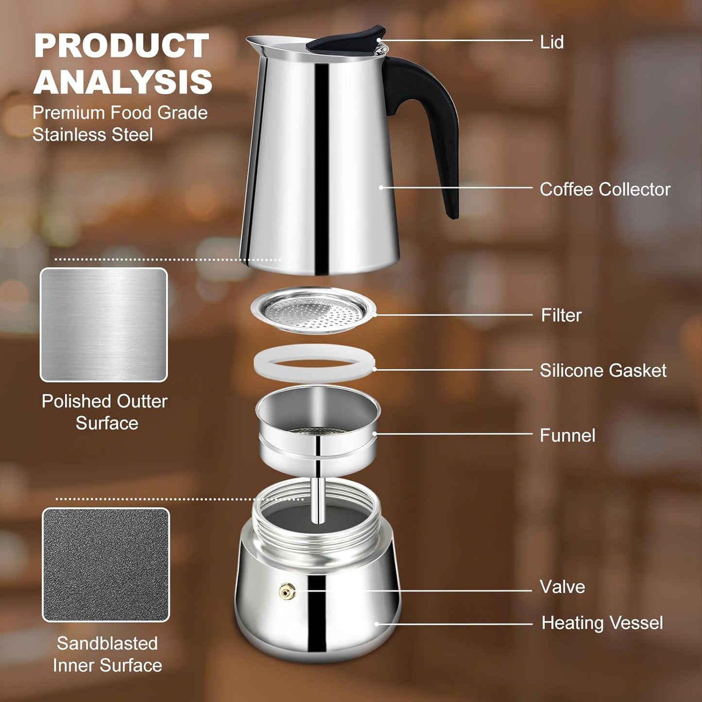6 Cup Stovetop Espresso Maker Stainless Steel Moka Pot Stove Top Percolator Italian Coffee Makers Capable Mocha Greca Machine Cafe Classic Induction Cookers for Home and Camping 300ml 10oz