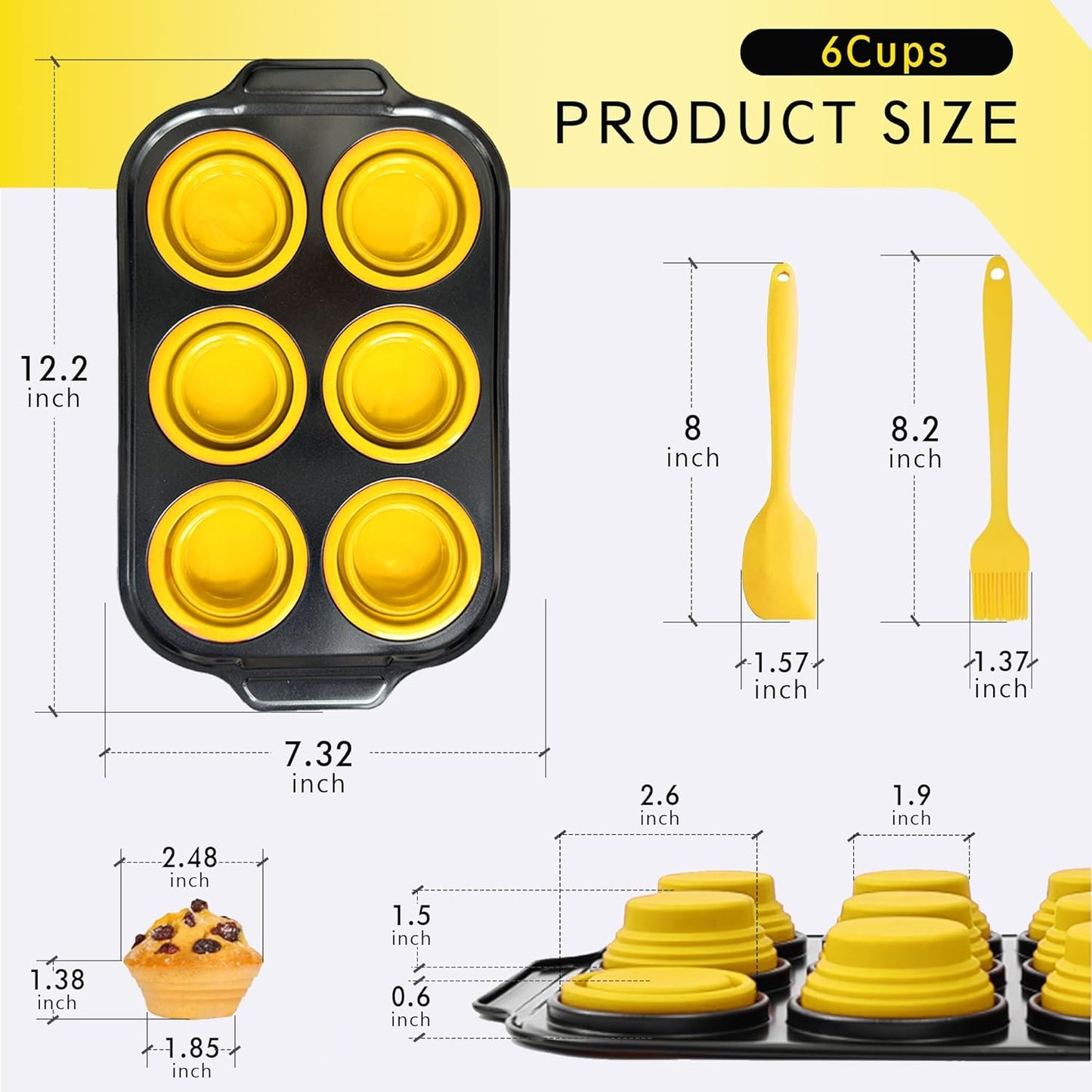 Silicone Muffin Pan Set, 6 Cups Cupcake Pan, With Metal Frame Nonstick Press to Easily Pop Out for Baking Homemade Muffins,Breads, Cupcakes, Egg Bites, BPA-Free Silicone (Yellow, 6Cups)