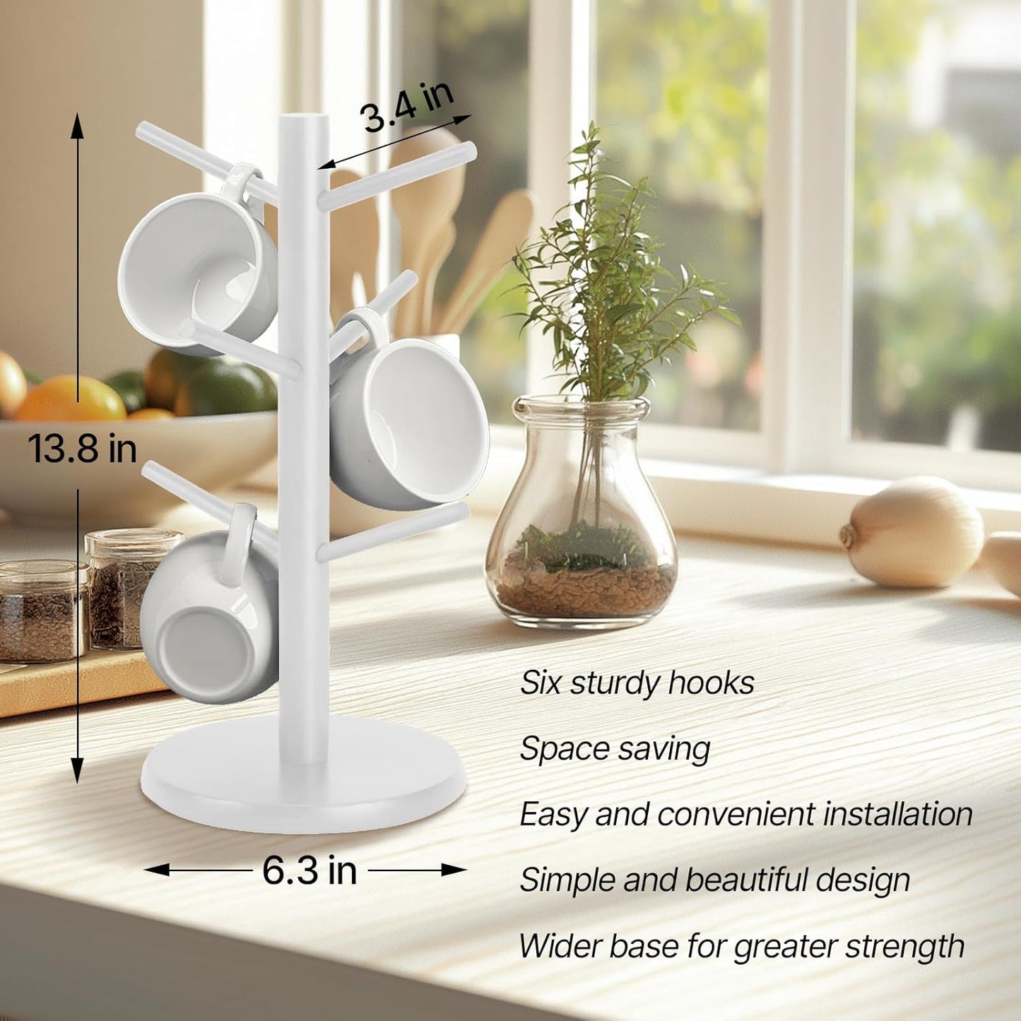 Wooden Mug Holder Tree, Coffee Cup Holder, Mug Organizer with 6 Hooks (White)
