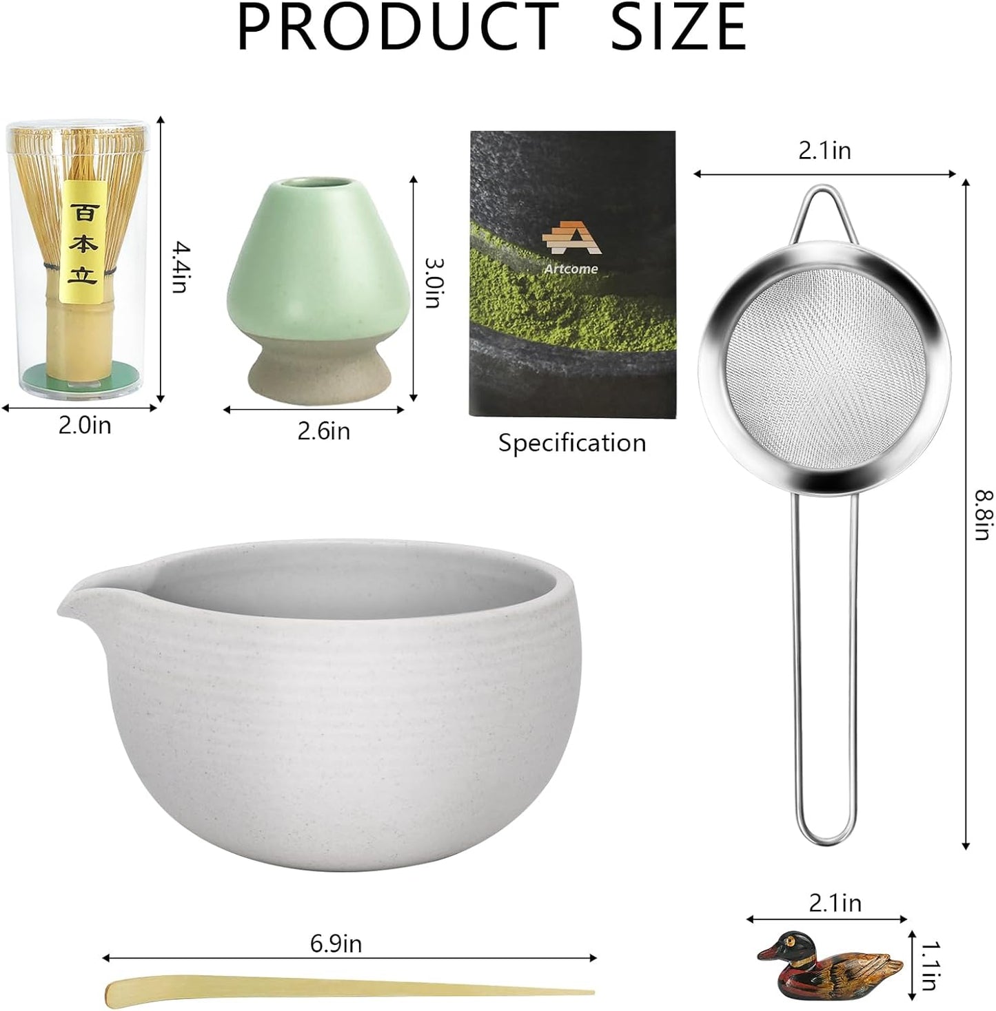 Artcome Matcha Ceremony Kit for Japanese Tea Ceremony, Bowl with Pouring Spout, Whisk, Tea Scoop, Matcha Powder Strainer, Matcha Tea Set For Making Usucha, Koicha and Matcha Latte (Grey)