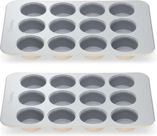 Caraway Non-Stick Ceramic 12-Cup Muffin Pan Duo - Naturally Slick Ceramic Coating - Non-Toxic, PTFE & PFOA Free - Perfect for Cupcakes, Muffins, and More - Cream