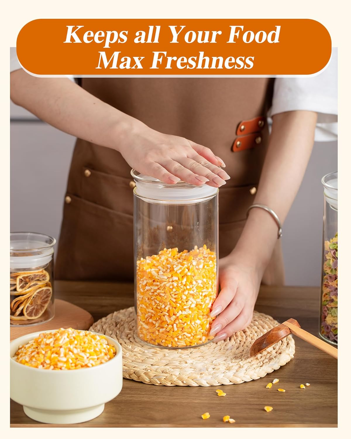 ZENS Modern Glass Food Storage Jars Set of 2, 50oz Clear Glass Canisters with Airtight Lids, Large Container for Kitchen Pantry Pasta, Sugar, Flour, Coffee, Pasta, Tea