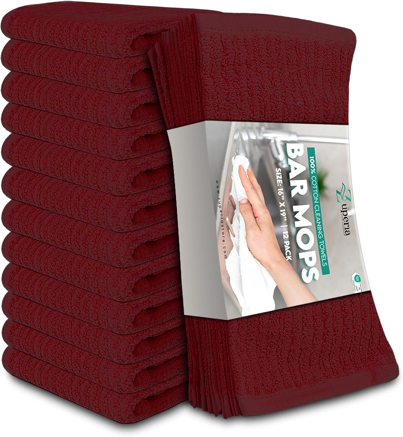 ZUPERIA Bar Mop Kitchen Towels - Pack of 12 (16"x19”)100% Ring Spun Cotton - Dish Washcloths For Superb Cleaning and Less Lint - Highly Absorbent Dish Cloths and Dish Towels For Everyday use(Burgundy)