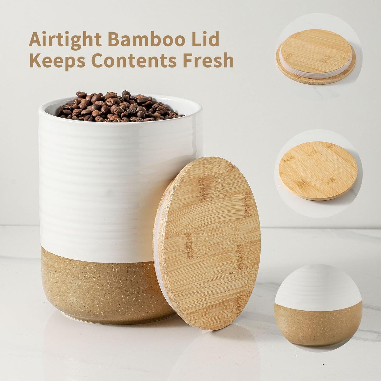 Hasense Ceramic Kitchen Canisters with Bamboo Lids – 80oz & 24oz Storage Jars Set – 7.5" + 5.9" Airtight Pantry Containers for Tea, Coffee, Flour, Snacks – Modern Minimalist Design 2-Pack White