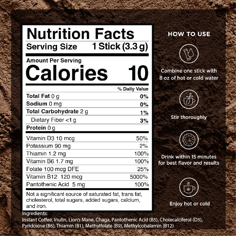 VitaCup Focus Mushroom Coffee Instant Packets, for Memory & Clarity Support, w/Fiber, Chaga, Lion’s Mane, D3, B Vitamins, Medium Roast, 100% Arabica & Robusta Coffee in Single Serve Sticks, 48 Ct