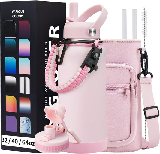 32 OZ Water Bottles with Straw, Storage Carrier Bag, Paracord Handle & Chug Lid, BPA-free Vacuum Insulated Water Bottle 32oz, Keep Cold 48Hrs & Hot 24Hrs, Stainless Steel Hydro Sports Office Travel