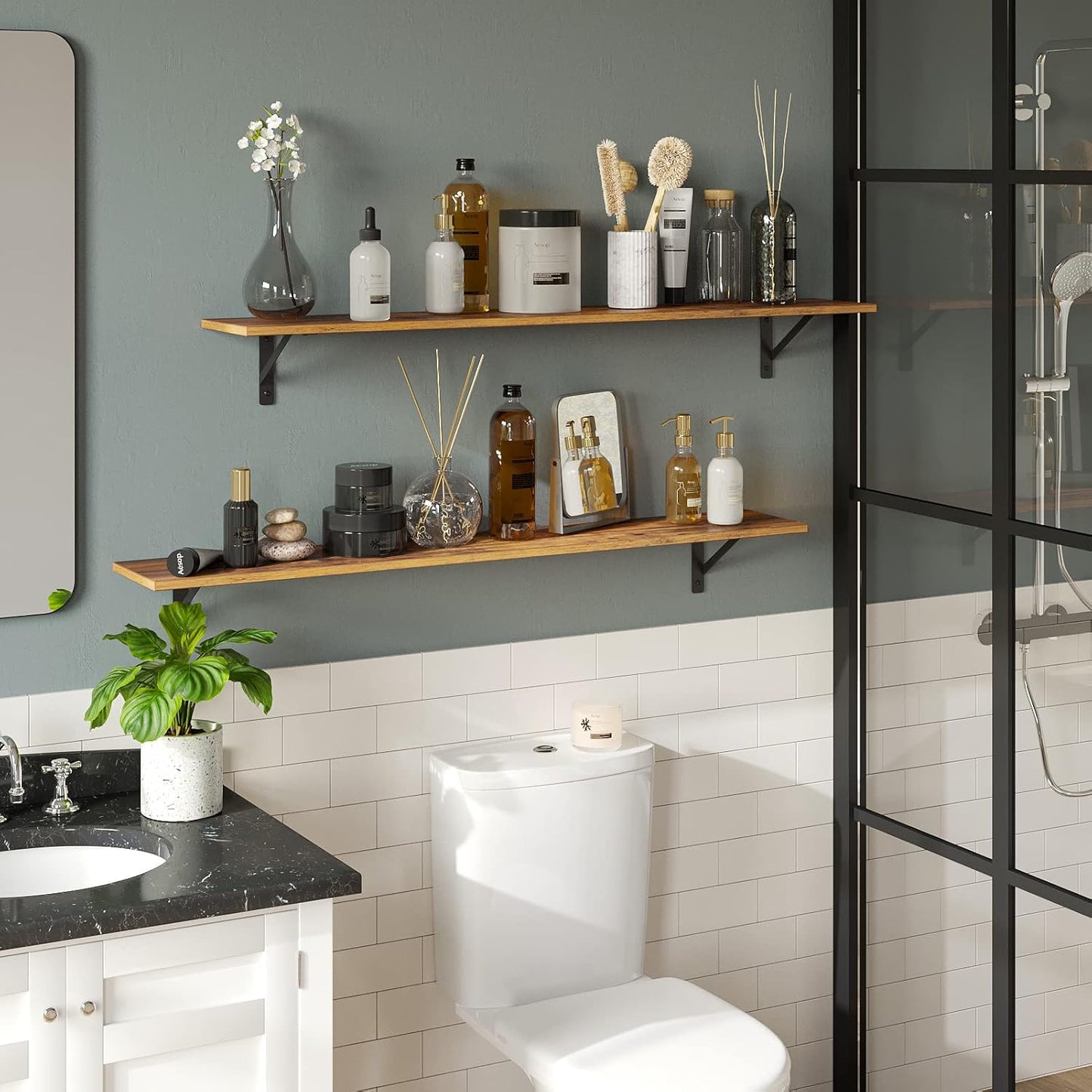 DINZI LVJ Long Wall Shelves, Set of 4, 47.3Inch Wall Mounted Shelves, Extra Large Storage Ledges with Sturdy Metal Brackets for Living Room, Bathroom, Bedroom, Kitchen, Rustic Brown