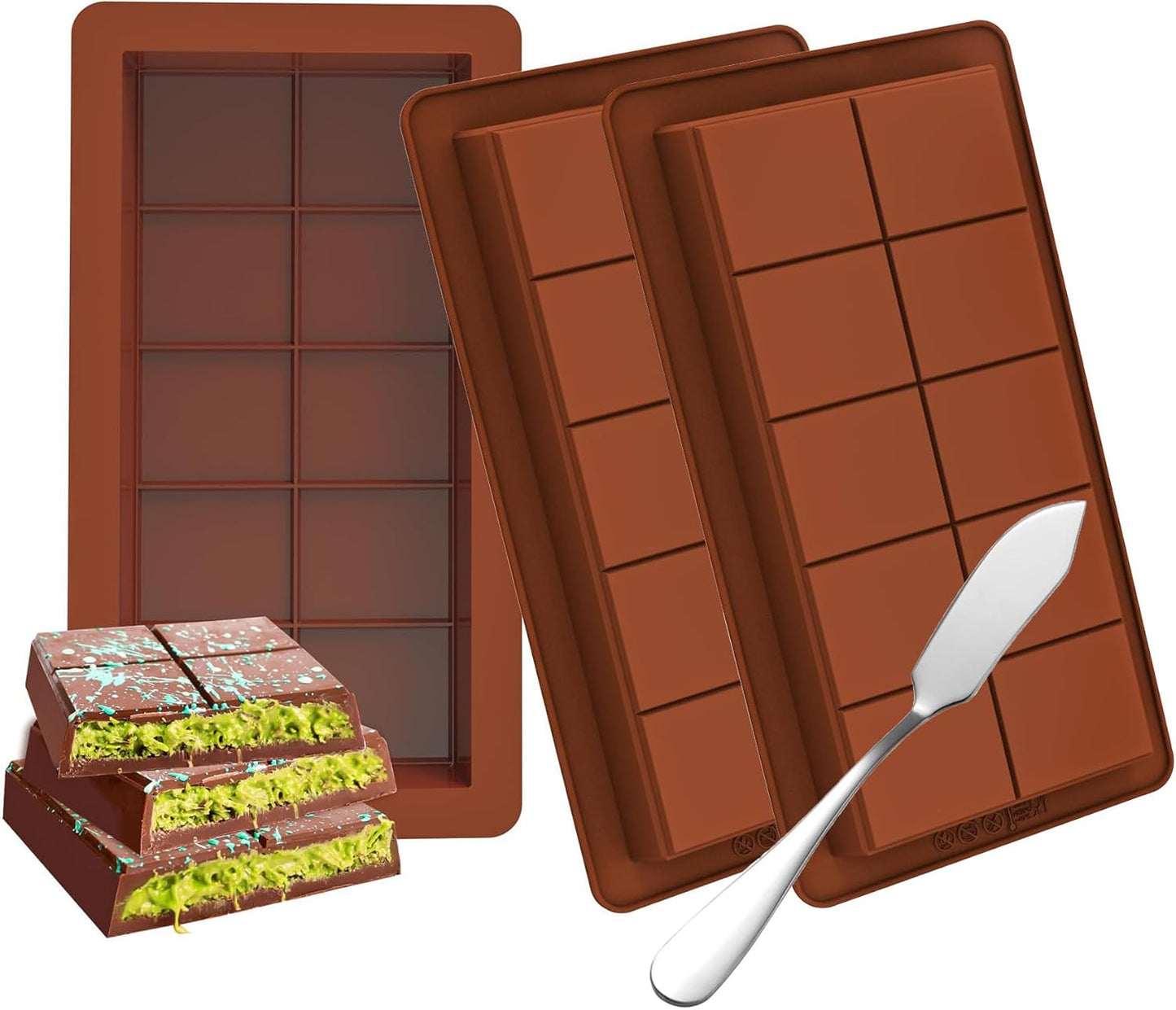 3 PCS Silicone Chocolate Bar Molds with 1 spatula,3/4 Inch Thick Non-Stick Chocolate Mold，Large Deep Cavity Chocolat Silicone Mold for Stuffed Chocolate Bars Knafeh Pistachio Chocolat