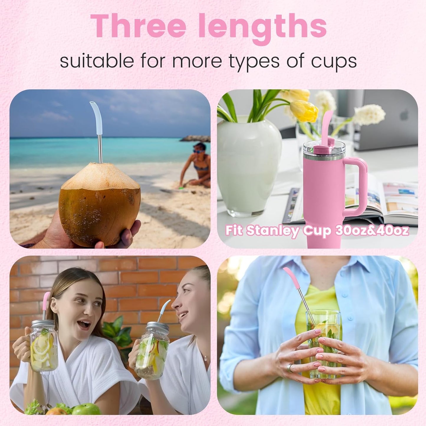 OUTXE Anti Wrinkle Straw 6 Pcs, Flat Wide Drinking Straw for Stanley& Yeti& Owala, Reusable Wrinkle Free Long Stainless Steel Metal Straw for Lip with Cleaning Brush and Carrying Bag